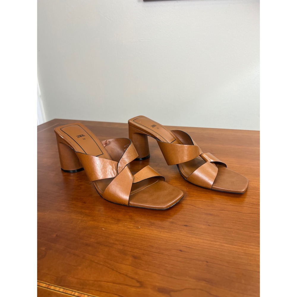 Zara Tan Leather Block Heel Sandals Square Toe Crisscross Mule Cognac Brown 39 - Picture 4 of 6